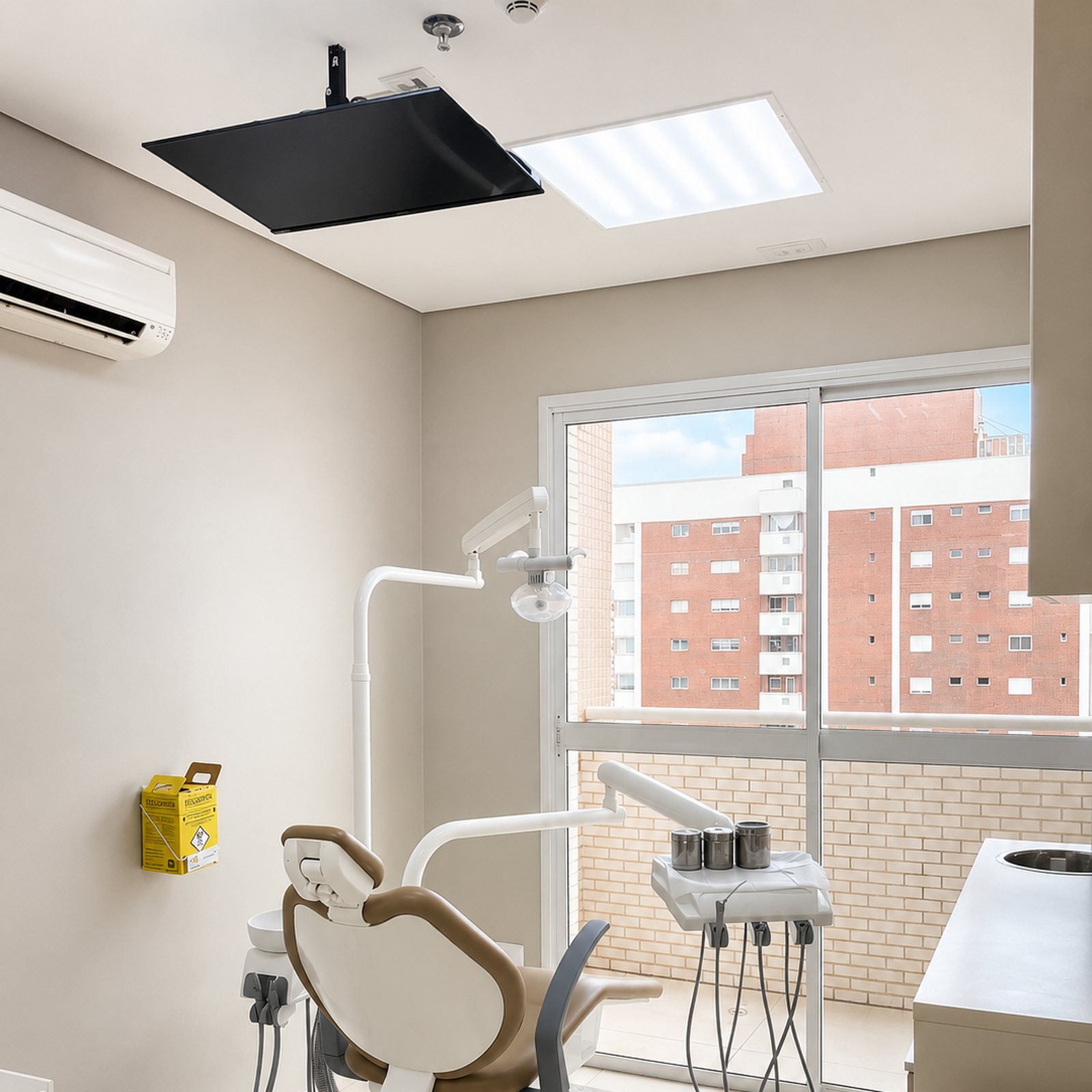 Segundo ângulo do mesmo consultório: cadeira, luminária e janela com vista de prédios